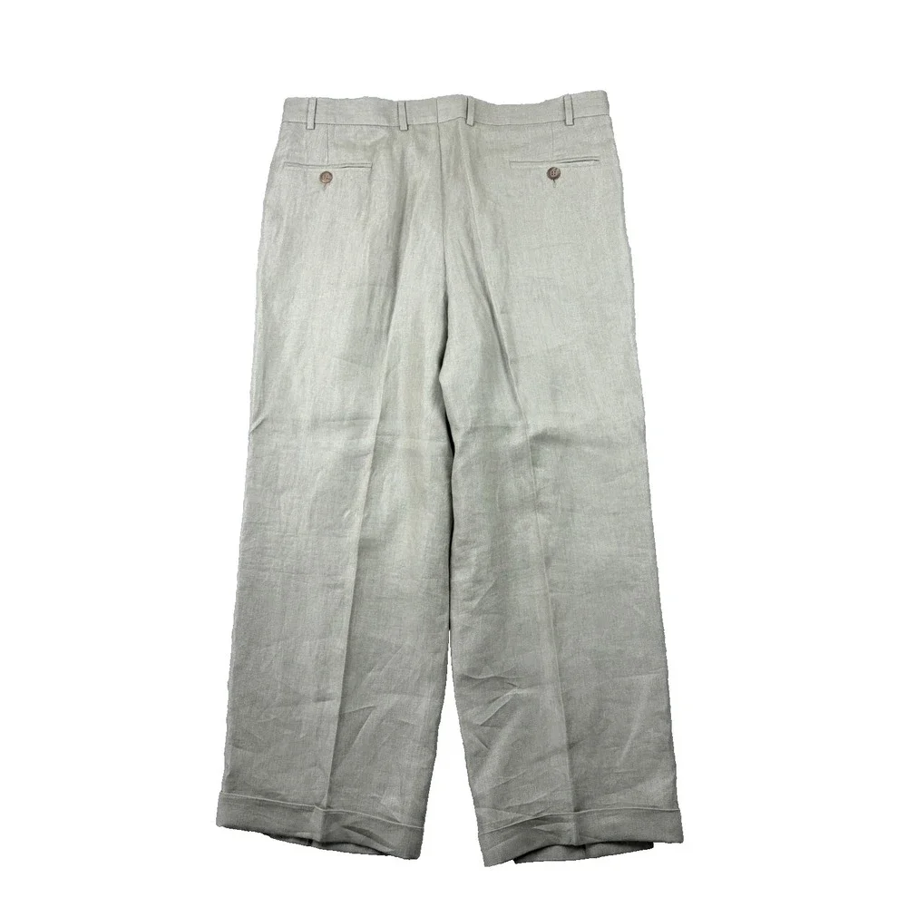 Ermenegildo Zegna Pants Mens 40x29 Beige Linen Pleated Cuffed High Rise Trousers